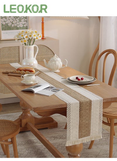 اشتري Natural Burlap Splicing Cotton Boho Table Runner with Tassels 30*180CM في السعودية