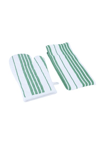 Buy Set (Towel + Apron + Gloves + Pot Holder), Green And White, 4 Pieces in Saudi Arabia