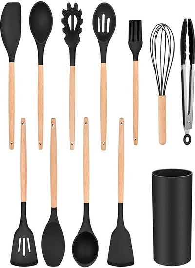 Buy 11- Piece Wooden Handle Non Stick Cookware Spoon Set Black in Egypt