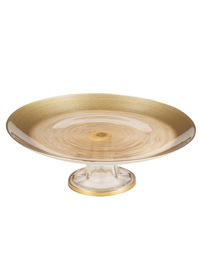 Buy glass serving plate with base 28 cm gold color in Saudi Arabia