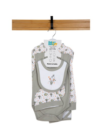 اشتري 7 Piece Unisex 100% Cotton Gift Set Include Bib, Blanket, Mitten, Cap, Romper, Top And Bottom Set, Grey في الامارات