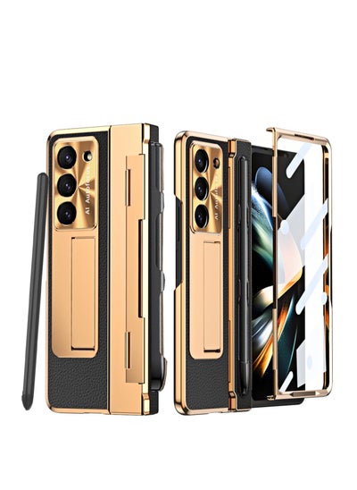 Buy For Samsung Z Fold 4 Case with S Pen, Screen Protector,Hidden Kickstand,Military Grade Protection, Plated PU Leather Pattern Bumper Cover with Hinge Case for Galaxy Fold 4 (Black) in Saudi Arabia