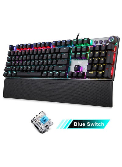 اشتري F2088 104 Keys Wired Gaming Mechanical Keyboard Mixed Light Effect Metal Panel Ergonomic Design with Wrist Pad(Blue Switches) في السعودية