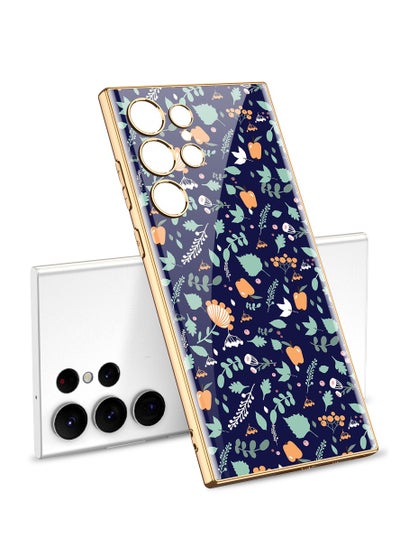 Buy SHIELD EGYPT Compatible With Samsung Galaxy S24 Ultra Case Glass With 3D Flowers Prints Gold Frame (Blue) in Egypt