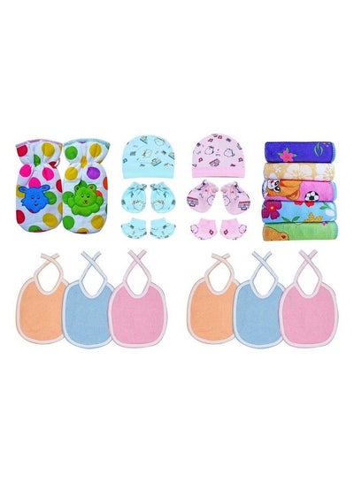 Buy Newborn Baby Essential Products Combo Set 2 Bottle Cover 2 Caps 2 Pair Mitten 2 Pair Booties 5 Wash Cloth And 6 Cotton Bib (0 3 Months Pack Of 19Pc) in Saudi Arabia