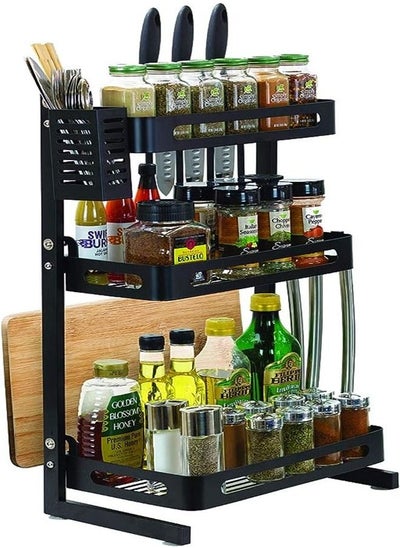 اشتري Goolsky 3-Tier Kitchen Spice Rack Utensil Holder, Countertop Freestanding Shelf Organizer for Jars, Bottles, etc, Includes Knife, Cutlery, Chopping Board Storage, plus 3 Hooks, Metal (Black, 3-Tier) في الامارات