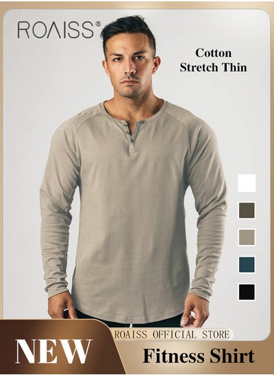 Buy Men Long Sleeve Henley Shirts Muscle Slim Fit V Neck Button Pure Cotton T Shirt Fitness Bottoming Elastic Shirt for Gym or Casual Time in Saudi Arabia