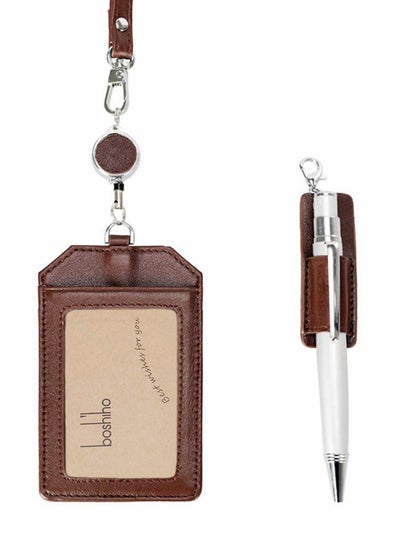 Buy Office Badge Holder, Retractable Holders with Pen Holder Genuine Leather Credit ID Card Holder for Nurse, Teacher, Student, Worker, Brown in UAE