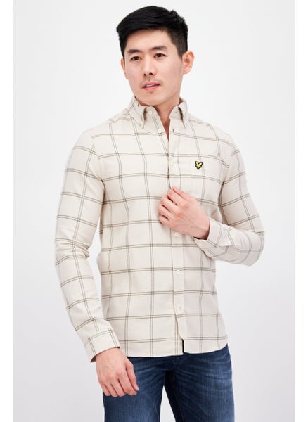 Buy Men Regular Fit Plaid Long Sleeves Casual Shirt, Beige in UAE