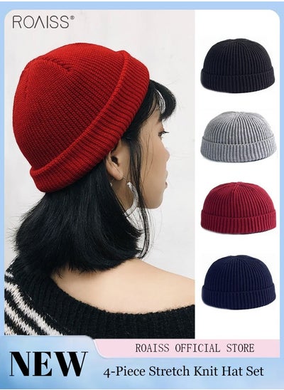 Buy Men's and Women's 4-piece Knitted Hat Autumn and Winter Warm Pullover Hat Solid Color Versatile Wool Hat Outdoor Fashion Hat in Saudi Arabia