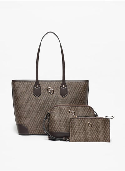 Buy Monogram Print Tote Bag with Crossbody Bag and Pouch in UAE