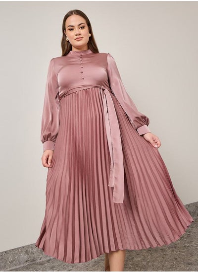 Buy Pleated Belted A-Line Midi Dress With Button Detail in Saudi Arabia