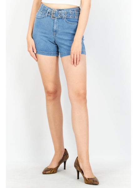 اشتري Women Solid Belted Denim Shorts, Blue في الامارات