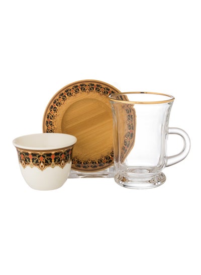 Buy 18-Piece Tea And Coffee Set Consisting Of 6 Glass Tea Cups + 6 Wooden Saucers + 6 Porcelain Coffee Cups in Saudi Arabia