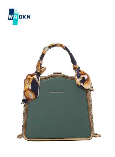 Buy Women's Silk Scarf Embellished Shoulder Bag, Ladies Portable Chain Handle Crossbody Bag Sling Bag Side Bag, Solid PU Leather Tote Bag Handbag Clutch Bag (Green) in Saudi Arabia