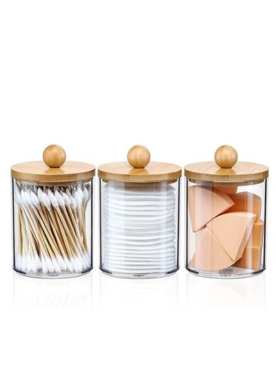 Buy MahMir Bathroom Jars Qtip Holder Apothecary Jars Acrylic Cotton Ball Holder Clear Bathroom Canisters with Bamboo Lids for Cotton Swab Cotton Brush  Pack of 3 Jars in UAE