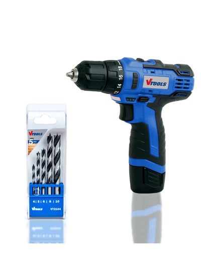 Buy VTOOLS 12V 1.5 Ah Cordless Drill Driver for Drilling and Fastening With 5 Piece Wood Drill Bit Set in UAE