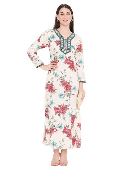 Buy UNIQUE FLORAL PRINTED NECK EMBROIDERY ARABIC KAFTAN JALABIYA DRESS in Saudi Arabia