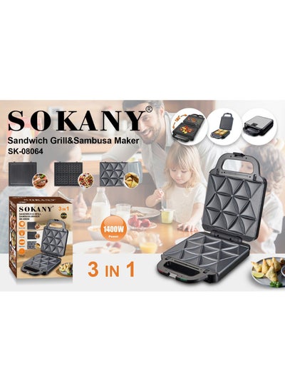 Buy Sokany 3 in 1 Sandwich Maker Large 1400W SK-08064 Easy to Clean: Non-stick plates can be wiped clean easily, reducing mess in your kitchen after a meal. Safety Features: Equipped with a cool touch handle and locking latch to ensure safe operation during use. in Egypt