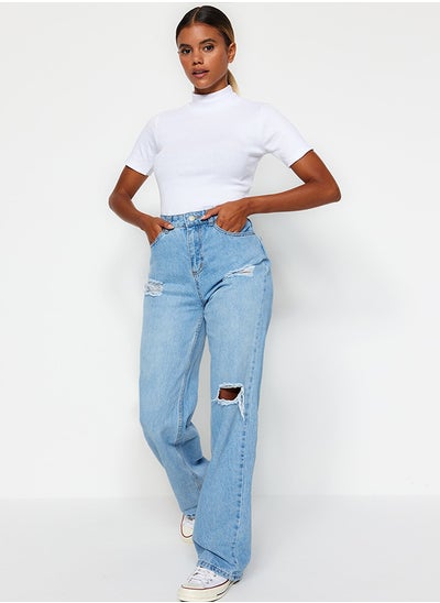 اشتري Light Blue Ripped High Waist Wide Leg Jeans TWOAW23JE00140 في مصر