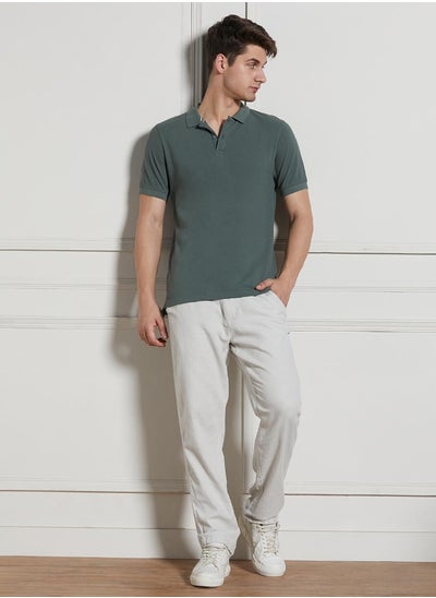 Buy Regular Fit Sage Green Cotton-Jersey Polo Neck T-Shirt in UAE