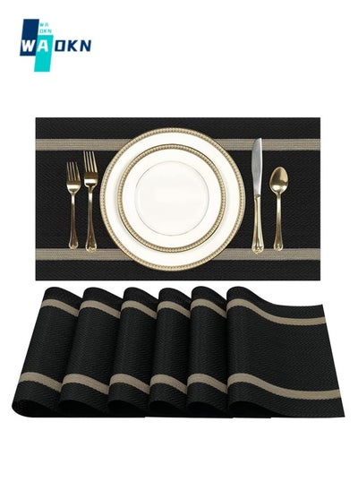 Buy Black Placemats Set of 6 - Washable Easy-to-clean Vinyl Placemats - Heat-resistant PVC Placemats - Table Mat 45x30 cm (Black and Gold) in UAE