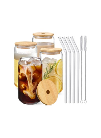 Buy Drinking Glasses with Bamboo Lids and Glass Straw 4pcs Set - 16oz Can Shaped Glass Cups，Beer Glasses, Iced Coffee Glasses, Cute Tumbler Cup, Ideal for Cocktail in UAE