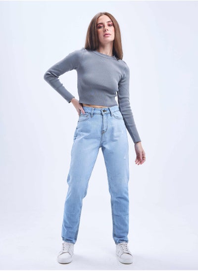 اشتري High-Waist Light Washed Degrade Scratched Mom-Fit Jeans في السعودية