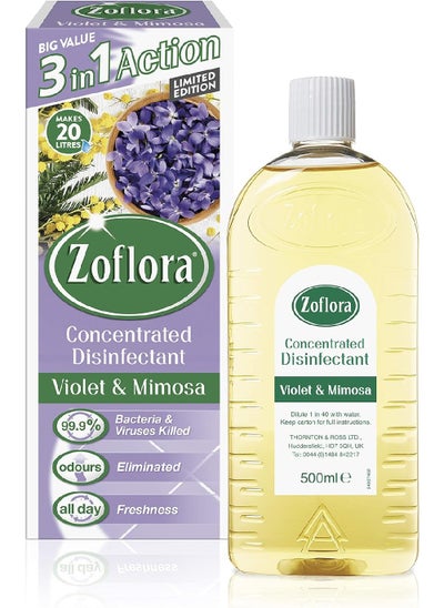 Buy Zoflora Concentrated Multipurpose Disinfectant & Odor Eliminator, 3 in 1 Action, 500ml, Violet & Mimosa, Effective against bacteria & Viruses. in UAE