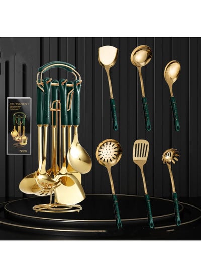 Buy 7 Piece Gold High-grade Stainless Steel Kitchen Cookware Cooking Utensil Set with Storage Stand and Ceramic Handle in Saudi Arabia