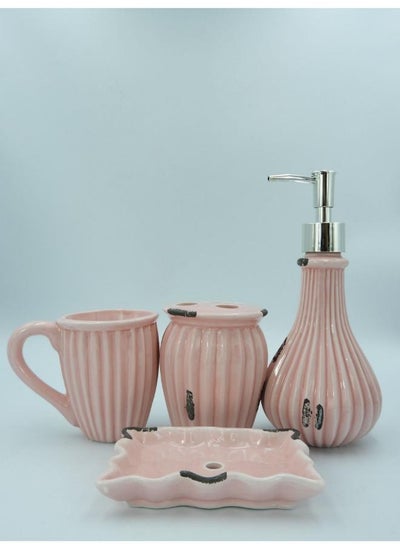 Buy 4 Pieces Bathroom Accessories Set Toothbrush Cup & Holder Lotion Liquid Soap Dispenser & Tray Pink 24x20x11cm in UAE