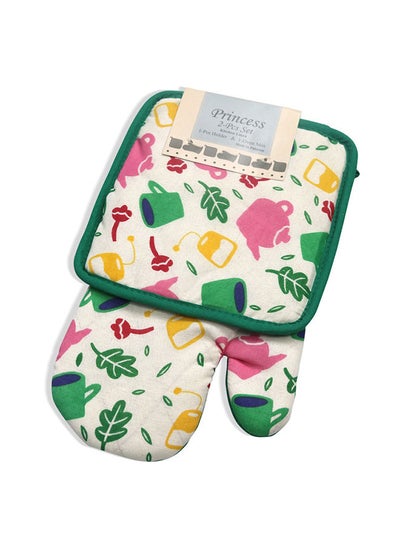 اشتري 2-Piece Reversible Printed Design Gloves/Oven Mitt And Pot Holder Set Green في الامارات