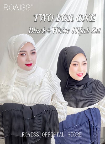 Buy 2 Piece Women's Chiffon Hijab Set Muslim Casual Scarf Pearl Turban for Ladies Beading Decoration Versatile All Seasons Wearable Traditional Wear Hijab Ramadan and Eid al-Adha Gifts in UAE