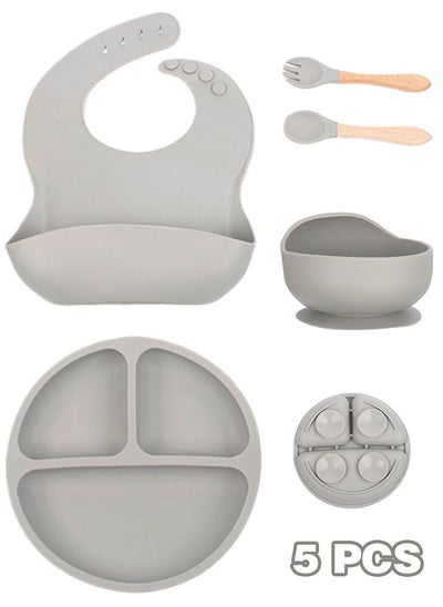 Buy 5-Pieces Silicone Baby Feeding Set, Baby Led Weaning Supplies with Suction Bowl and Divided Plate, Wooden Spoon and Fork, Toddler Tableware Set with Adjustable Soft Silicone Bib in Saudi Arabia