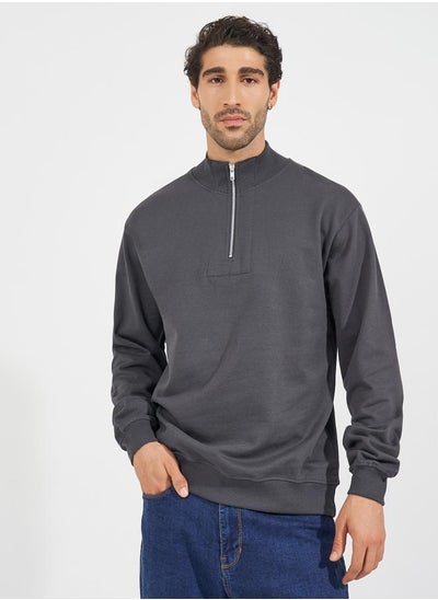 Buy Half-Zip Relaxed Fit Fleece Sweatshirt with Front Seam Detail in Saudi Arabia