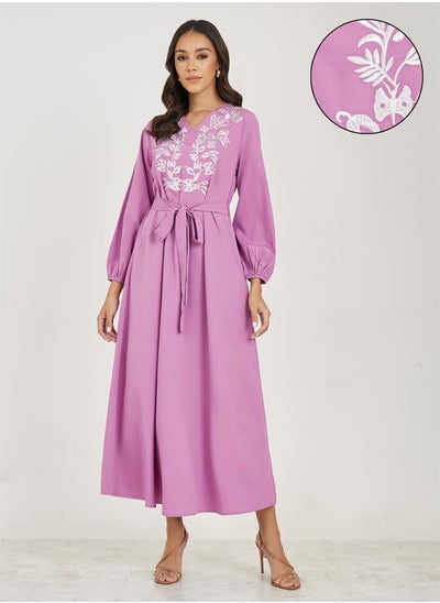 Buy Embroidered Neck Jalabiya with Balloon Sleeves in Saudi Arabia