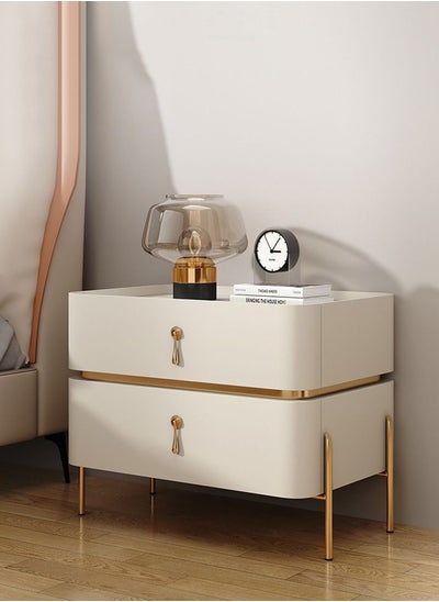 Buy Modern Bedside Table Minimalist Nightsatnds Multifunction Nightstand for Bedroom Living Room 2 Drawers Beige Colour Faux-Leather Covered H50xL40xD40 cm（Assembly Required for Legs Only) in UAE