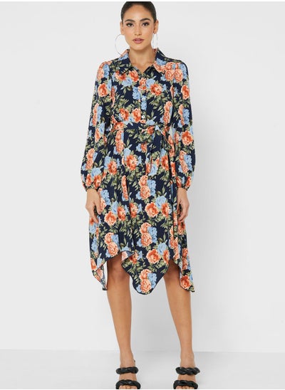 Buy Cuff Sleeve Belted Printed Dress in Saudi Arabia