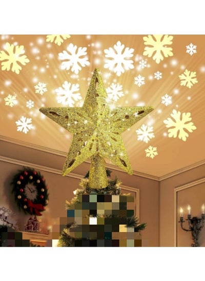 اشتري Decoration Tree Topper Gold Star Glittered, Rotating 3D Hollow LED Snowflake Projector Light for Holiday Decoration في الامارات