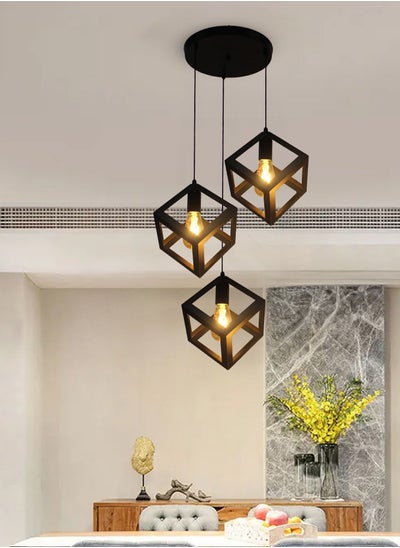 Buy Triple hanging Industrial Cube Chandelier Light Fixture - Black Metal Ceiling Three Lamps in Saudi Arabia