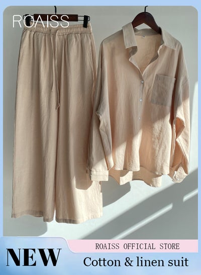  Womens Cotton Linen Outfits Two Piece Lapels Suit Set