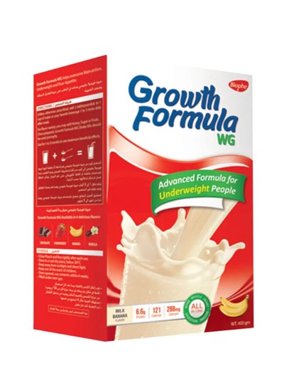 اشتري جروث فورميلا دبليو جي مكمل غذائي لتغذية متوازنة، يساعد على التخلص من نقص الوزن و النحافة لعمر 13-50 سنة - 6.6 جرام بروتين  - 400 جرام - بطعم الموز في مصر