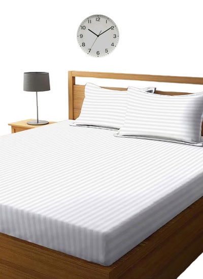 Buy White Single Size Stripe Deep Pocket Bed Sheet Set Cotton 100x200+15cm in UAE