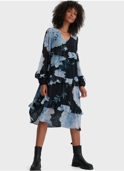 Buy Frill Flowy V-Neck Midi Dress in UAE