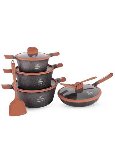 Buy Cookware Set 10 Pieces with Titanium Granite Coating, Non Stick Cooking Set, Pots and Pans Set with Stay Cool Handles Set Includes Stockpots, Frying Pan and Silicone Tools in UAE