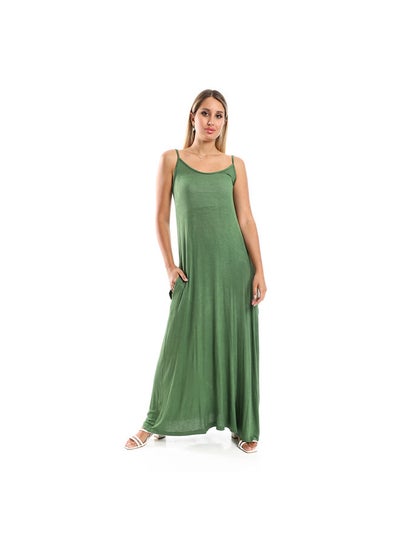 اشتري Spaghetti Sleeves Long Dress With Side Pockets - Green في مصر