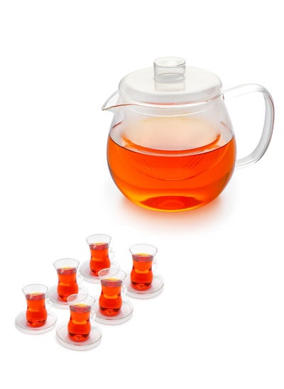 اشتري Glass TeaPot Set - 1200ML / 40 OZ Borrosilicate Glass Tea Kettle with 6 Turkish Tea cups 200ml and Saucers, Teapot with Infuser, Stovetop Safe, Tea Pot for Blooming Loose Leaf Tea, Tea Maker في الامارات