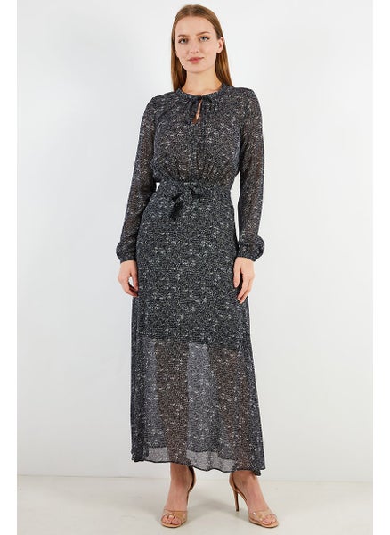 Buy Women Allover Print Long Sleeve Belted Midi Dress, Black/White Combo in Saudi Arabia