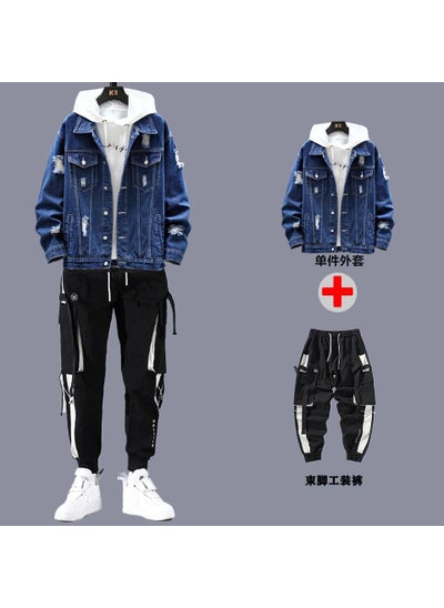 اشتري Mens Casual Denim Jacket  Pants Set Spring 06 dark blue + overalls في الامارات