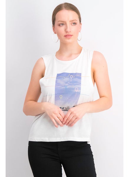 Buy Women Round Neck Sleeveless Graphic Top, White in UAE